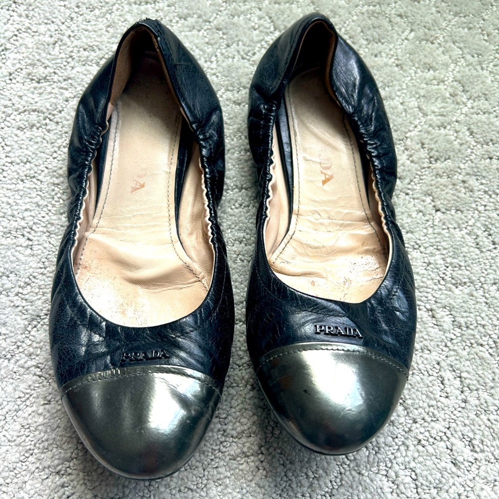 Prada ballerina flats, black patent/metallic toes